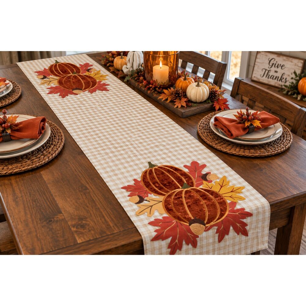 Vogue Collections Fall Pumpkin Table Runner 14x70 Embroidered Velvet Autumn